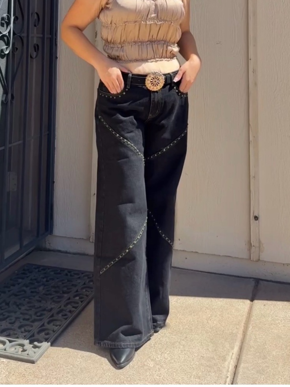 Western Black Women's Wide-Leg Jeans - Stud-Detail Design